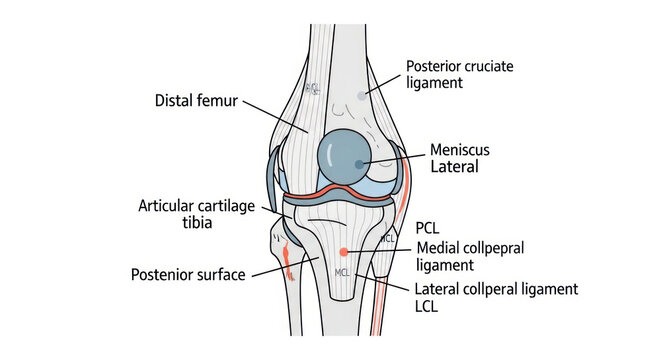 Anatomical diagram of the human knee joint from a posterior view with labeled ligaments and cartilage.