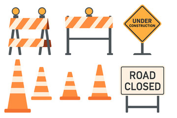 Traffic barrier vector set with cones, roadblocks, and barricades. Safety signs for construction sites, like road closed and under construction. Road work and repair icons.