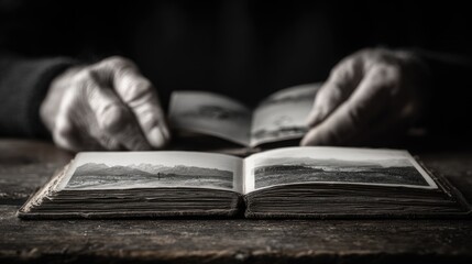 Old hands, sepia photos, vintage book