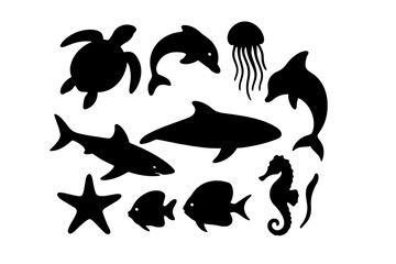 Ocean animal silhouette vector set. Marine life icons collection with turtle, dolphin, whale, shark, jellyfish, seahorse, starfish, and fish. Sea creatures clip art pack.