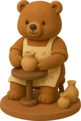 Cute Cartoon Potter Bear Making Clay Pot on Wheel