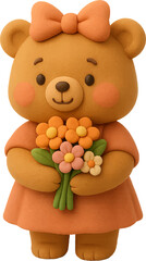 Cute Bear Holding Flowers with Bow