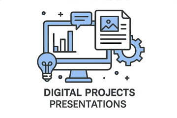 Digital project management and presentation concept. Data analysis and business solution idea. Creative workflow for software resources and marketing reports. Infographic.