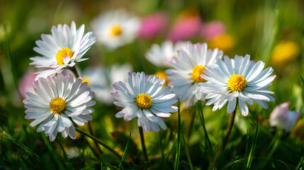 Fototapeta premium A group of daisies in full bloom, their petals are white with yellow centers, in the green grass field. Close-up view. The background features a blurred garden setting