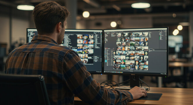 Focused Graphic Designer Working on Multiple Screens