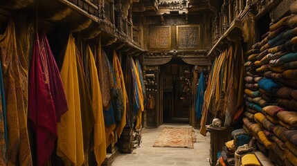 Exotic textile shop in a traditional setting with vibrant fabrics and detailed woodwork showcasing
