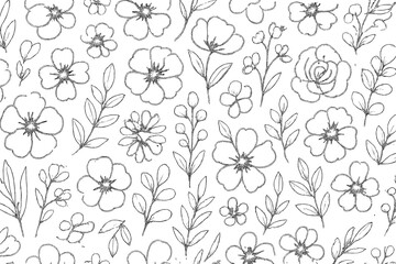 Seamless floral pattern with hand drawn flower and leaf sketches. Botanical vector line art illustration. Delicate monochrome doodle background for textile, fabric, wallpaper.