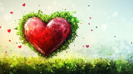 Obraz premium Large red heart shape covered in green foliage in grassy field
