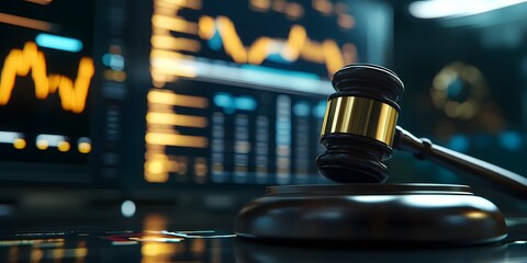 Realistic stock photo of a gavel on a desk with a trading chart background