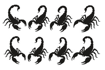 Scorpion silhouette set. Scorpion vector collection isolated on white background. Arachnid icon pack. Poisonous animal symbol for logo, tattoo or zodiac sign Scorpio design.