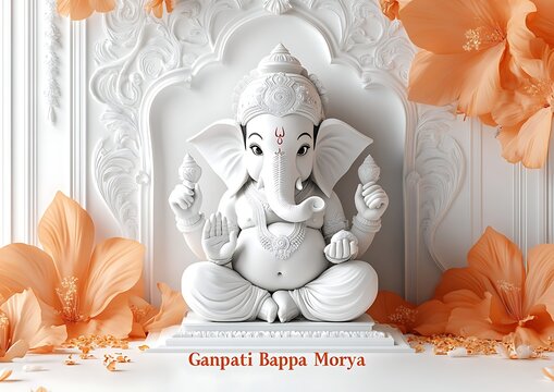 Lord Ganesha, the Elephantheaded Hindu god, seated in meditation surrounded by blooming flowers.