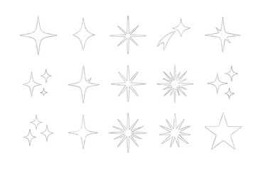 Sparkle star icon set. Linear starburst and glowing star shapes. Abstract cosmic symbols for logos and graphic design. Minimalist celestial twinkle and glitter effect vector.