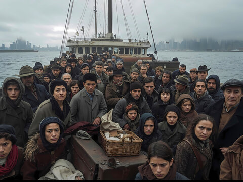 European immigrants of the 19th or esarly 20th century crowded on ship coming into New York harbor