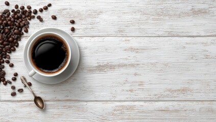 Overhead view of a cup of black coffee, a small spoon, and scattered coffee beans on a white wooden surface, leaving ample copy space