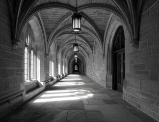 Monochrome photo of a long, stone hallway with high arched ceilings, Gothic architecture, light streaming through windows, and lanterns hanging overhead