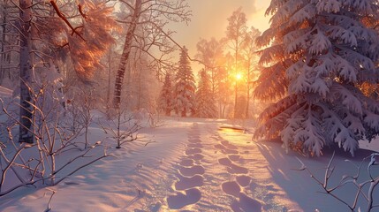 A peaceful New Year's Day winter hike through a snowcovered forest with footprints leading through the untouched snow and the sun rising behind frosted trees Calm serene  stock quality