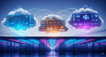 A wide cinematic shot showing three massive floating holographic clouds, each connected by glowing data highways.