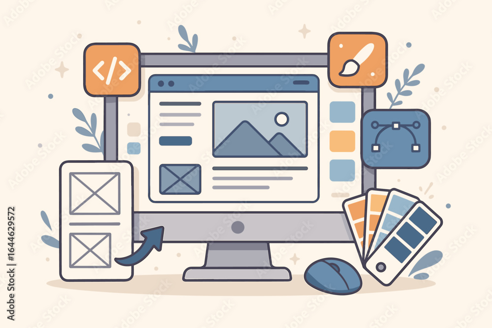 Wall mural ux ui design and web development concept. desktop computer with website wireframe, code, and graphic