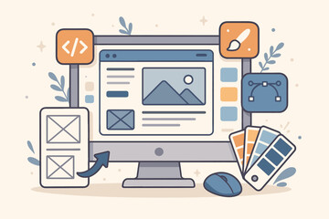 UX UI design and web development concept. Desktop computer with website wireframe, code, and graphic design tools. User interface and experience creation process vector.