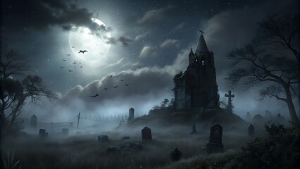 A spooky graveyard with tombstones and a church under a moonlit night