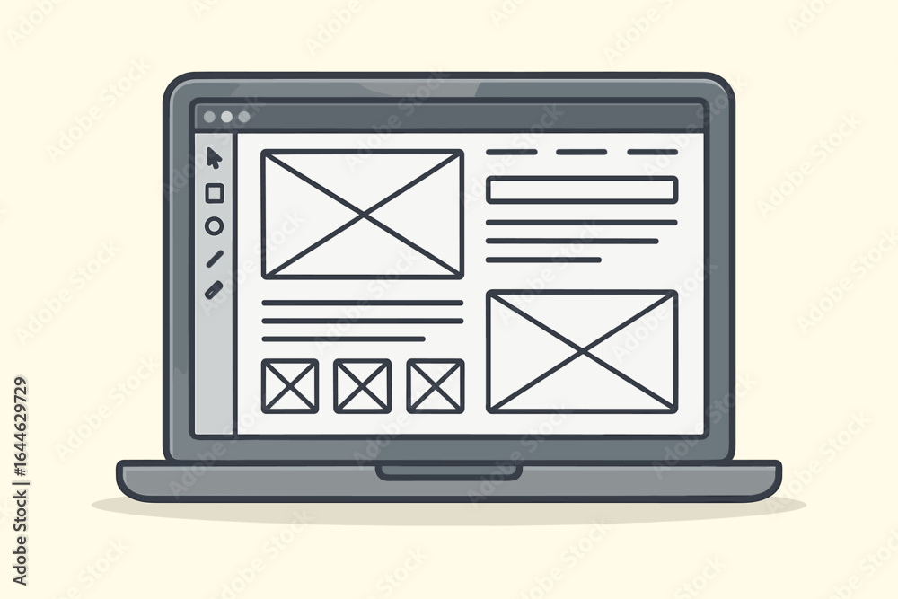 Wall mural website prototype and wireframe on laptop screen. web page development, ui ux design process with sk