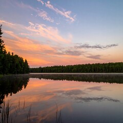 Calm lake reflecting a serene sunset, with a misty shoreline and trees