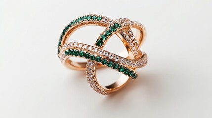 Elegant gold ring with interwoven bands adorned with sparkling green and white gems