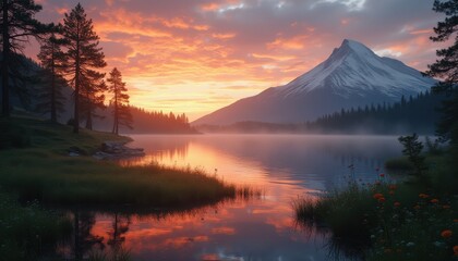 Majestic mountain lake at sunrise with colorful flowers