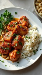 Delicious meatballs in sauce with rice and cashews on kitchen table