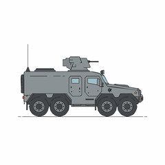 Obraz premium Armored six-wheeled vehicle with turret, antenna, and gray body, side view