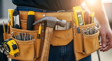 A close-up of a worker's tool belt, filled with various hand tools, ready for a construction job.