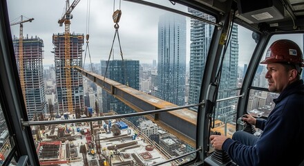 A crane operator in the cab oversees the construction of tall buildings in a city.