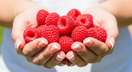 close up of raspberries in hands