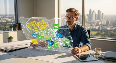Man in office analyzing a futuristic holographic city map with transportation data on his desk