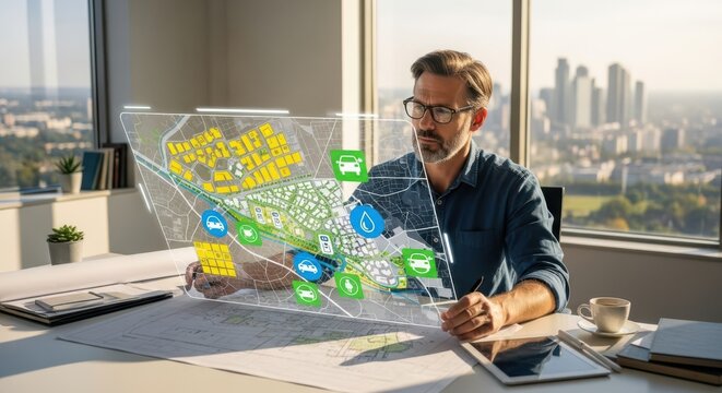 Man in office analyzing a futuristic holographic city map with transportation data on his desk