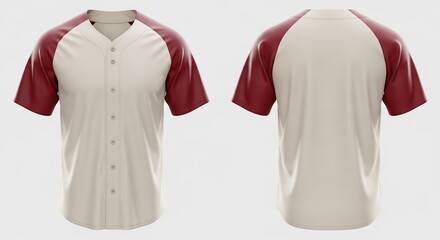 Front and back view of a baseball jersey with maroon sleeves and a beige body, displayed on a white background.