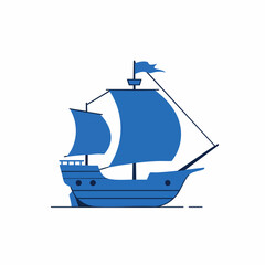 Stylized Blue Sailing Ship with Detailed Sails and Flag Illustration