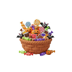 Obraz premium candy basket overflowing with colorful treats, bats and pumpkins, isolated on white