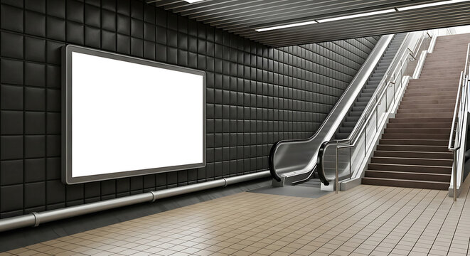 Mockup of blank billboard template next to stairs OOH media mockup in underpass digital display at train station