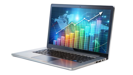 Modern laptop displaying financial growth chart isolated on transparent background