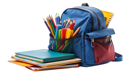 Blue backpack filled with school supplies and books isolated on transparent background