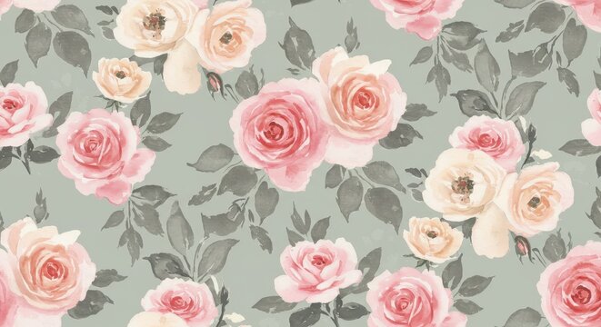 Watercolor Floral Pattern: Pink Roses and Gray Leaves.