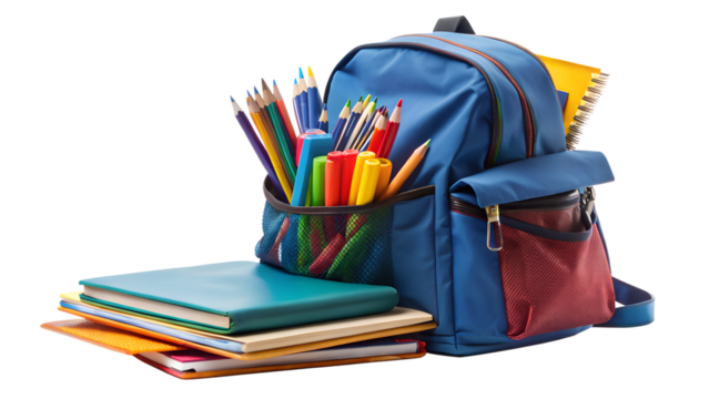 Blue backpack filled with school supplies and books isolated on transparent background