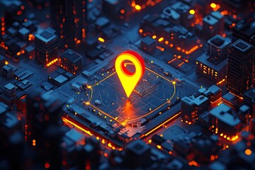 City map pin on a futuristic circuit board