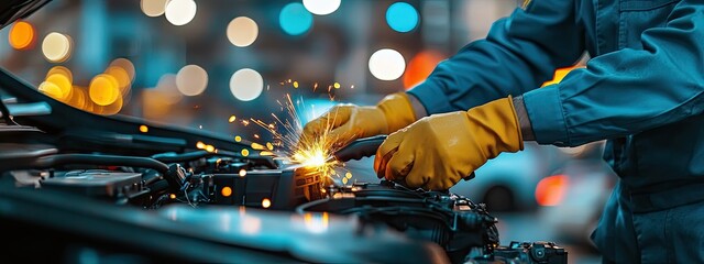 Auto mechanic working on a car engine, sparks flying (2)