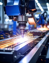 Automated industrial robotic arm welding metal; sparks fly