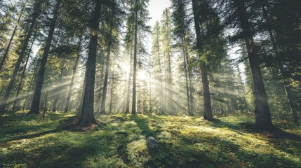 Fototapeta premium Sunlight streams through a dense forest.