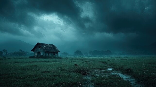 Deserted house under stormy sky