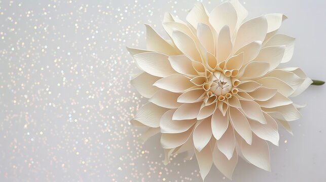 Cream paper dahlia flower with delicate petal layers placed on a glittery background, featuring soft neutral tones and sparkling texture, suitable for wedding invitations, greeting cards, - Powered by Adobe