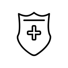 Fototapeta premium A simple outline of a shield with a medical cross in the center, symbolizing healthcare protection and safety.